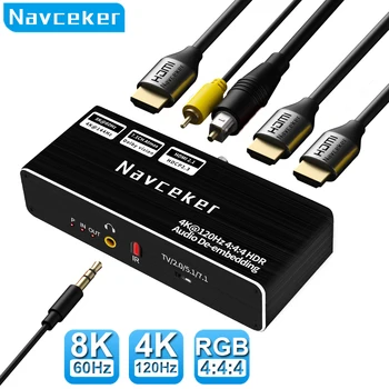 Navceker 8K 60Hz HDMI Audio Extractor 120Hz, 4K RGB 4:4:4 HDMI 2.1 Audio Splitter Converter 7.1 Dolby Atmos De-iegultu par PS5 XBox