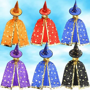 Halloween Bērniem 90-140cm Piecu zvaigžņu Cape Deju Karstā Zelta Raganu Apmetnis Cosplay Tērpu Aksesuārus Cape Cepuri Locīšanas Tērps, Skatuves Tērpiem
