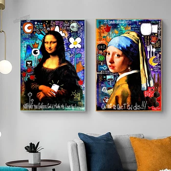 Mona Lisa Grafiti Kanvas Glezna Ar Meiteni Valkājot Pērļu Auskari Pop Art Plakāti Abstraktu Portretu Sienas Art Pictures Mājas Dekoru