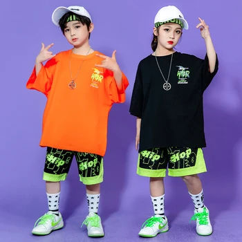 Bērnu Karnevāla Kpop Hip Hop Apģērbu, Orange, T Krekls Top Vasaras Bikses Par Pusaugu Meitene, Zēns, Džeza Deju Tērpu, Deju Apģērbi