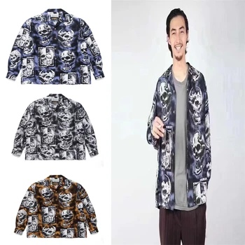 Ar garām Piedurknēm WACKO MARIA Velns Galvaskausi Kaulu Drukāt Krekls Vīriešiem Sievietes Lielajam Streetwear Krekli, Apģērbu Japāna