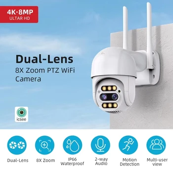2k UHD 4MP iCsee APP Dual Objektīvs 8x Tālummaiņas PTZ IP Dome Kamera Pilnu Krāsu AI Humanoīdu Noteikšanas Mājas CCTV Drošības Baby Monitor