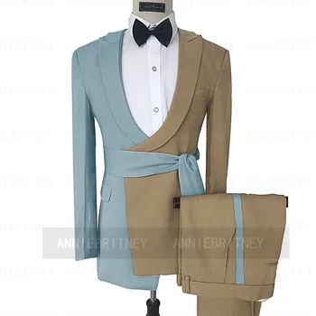 2022 Zili Uzvalki Vīriešu Slim Fit Modes Dizainu Līgavainis, Labākais Cilvēks Kāzu Uzvalku Pasūtījuma Izpildes Žakete, Bikses, Josta 3Pcs