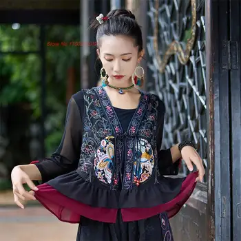 2023 ķīnas vintage gilet valsts ziedu izšuvumi vest ķīnas tang tērps, mežģīņu savārstījums bez piedurknēm, jaka, vestes, vestes