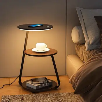 Dizainers Mūsdienu Cietā Guļamistabas Koka Malas, naktsskapītis Bezvadu Lādēšanas Kafijas Radošās Ar Tabulu, LED Gaismas, Galda Mēbeles