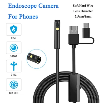 5.5/8mm USB/C Tipa Endoskops Video Kameras Digitālās Android IP68 HD Borescope Ūdensizturīgs Inspekcijas 9 LED Gaismas, Telefonu, DATORU,