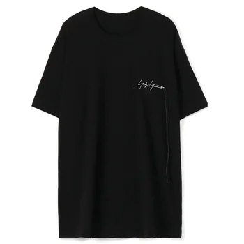 Yohji Yamamoto Tīras Kokvilnas Kaņepāju Virvi Melns T-krekls Zaudēt Apaļu Kakla Izšūtu Īsām Piedurknēm