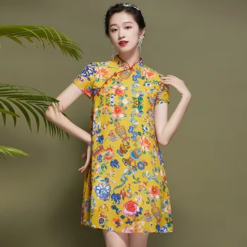 100% Īsta Zīda Apdrukas Dzeltena Mūsdienu Qipao Kleitas Sievietēm Ķīniešu Stila Kleita cheongsam