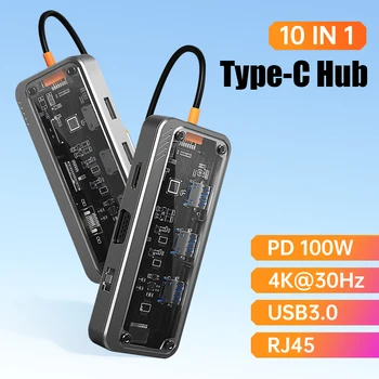 10in1 USB-C Rumbas C Tipa Dongle Adapteri Ethernet RJ45 PD 100W 4K@30Hz HDMI USB3 VGA.0 SD/TF Karšu Lasītājs, Audio par MacBook Air, Pro