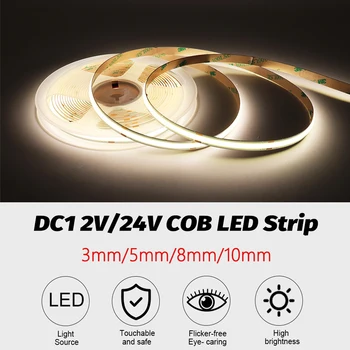 5M 10M COB LED Strip Gaismas 12V 24V Aptumšojami Led Lentes Elastīgu Lenti Lampas 3000K 4000K 6000K 3/5/8/10mm Platums COB Lentes