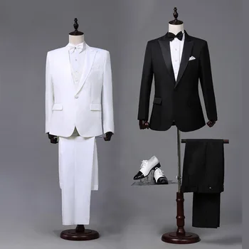 Vīrieši Balts Melns Tailcoat Formālu Uzvalku Bezdelīgu astes Mētelis, Bikses Eiropas Tiesas Princis Skatuves Kostīmu Vakariņas Jaka Kāzu Set