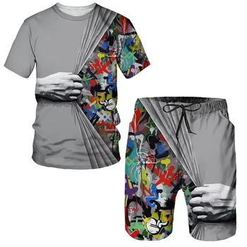 Moderns Vasaras Vīriešu T-krekls + Šorti Komplekts 3d Iespiests 2-gabals Tracksuit Skriešanas Tērps Harajuku Streetwear O-veida kakla Tracksuit Vīriešiem