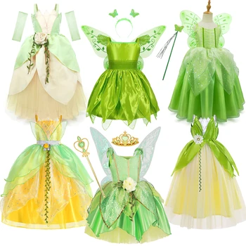 Disney Meitenes Lāpīt Bell Tērpu Halloween Drēbes Bērniem Zaļā Tiana Tinkerbell Iedomātā Kleita Pasaku Princese Cosplay Karnevāla Puse
