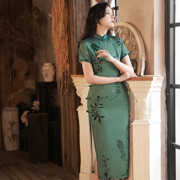 Uzlabota Tumši Zaļa Drukāt Cheongsam Īsām Piedurknēm Vintage Sieviešu Elegants Ķīniešu Stilā Mandarīnu Apkakles Qipao