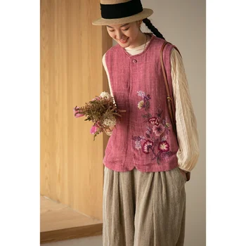 Oriģināls Dizains, Sieviešu Apģērbi Atsvaidzinošu Elpojošs Vienkāršā Izšūti Linu Veste bez Piedurknēm Augšu