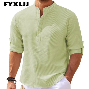 FYXLJJ Modes Vīriešu Krekls ar garām Piedurknēm Stāv Apkakle tīrtoņa Krāsas Blūze Krekli Vīriešu Pogu Pleds Ikdienas Krekli Džemperi t-veida Topi