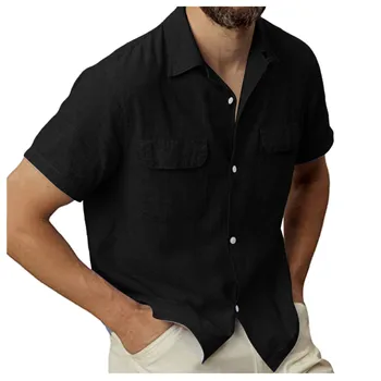 Melns Modes Gadījuma Havaju Krekls Vienkrāsainu Kabatas, Viena Krūšu Krekls Kokvilnas Krekls Ar Īsām Piedurknēm Top Vīriešiem, Krekli Brīvdienas