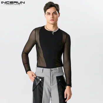 Gadījuma Homewear Jumpsuits INCERUN 2023 Skaists Vīriešu Skatīt caur Sietu Plānas Raibs Kombinezonus Stabilu Ilgtermiņa Piedurknēm Bodysuits S-5XL