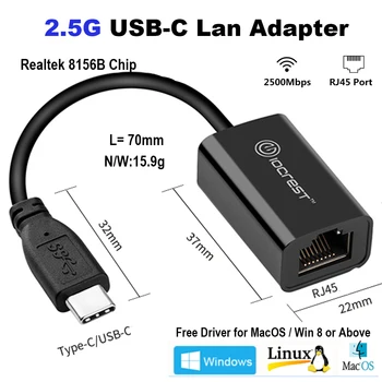 IOCREST 2500Mbps Tips-2.5 G, Ārējo Vadu Ethernet Tīkla Karte RTL8156 USB3.1 RJ45 Converter Lan Adapteri Mac Win10