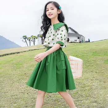 Eleganta Vasaras Kleita Meitenēm Gudrs Y2K Zaļa, Rozā Bērniem Kleita Komplekti 2023 korejas Bērnības Mīļākajām Brīvdienu Puse Midi Kleitas Jaunas