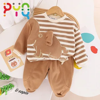 PYQ Bērnu Zēnu Apģērbu Komplekti 2023 Jaunā Pavasara Rudens Modes Bērniem ar garām Piedurknēm Svītru Cute Elephant Sporta Bikses Tērpiem 0-5Year