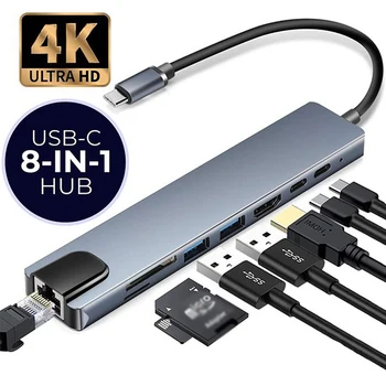 USB 3.0 HUB C Tipa HDMI Splitter 4K Thunderbolt USB C dokstacija, Laptop Adapteris Ar PD SD TF RJ45 Par iPad Macbook Pro