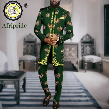 Vīriešu Uzvalks Āfrikas Apģērbu Izšūšana Žakete un Ankaras Bikses 2 Piece Set Print Tērpiem Dashiki Tērps ar Kerchief A2316066