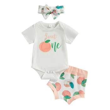 Baby Meitenes Vasaras Apģērbs Komplekti, Balts Ar Īsām Piedurknēm O Kakla Romper + Persiku Drukāt Bikses + Galvas Stīpa
