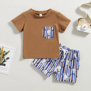 Mildsown Toddler Bērnu Zēniem Tērpiem Vasaras Īsām Piedurknēm T-krekls ar Krūšu Kabatu un Buļļa Galvu Svītru Drukāt Elastīgās Bikses Kopa