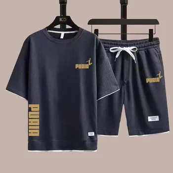 2023 Vasaras Tshirt Bikses, 2 gab. Komplekts Vafeļu Tracksuit Komplekti Vīriešiem;s Īsām Piedurknēm Šorti Streetwear Modes Elpojošs Apģērbs
