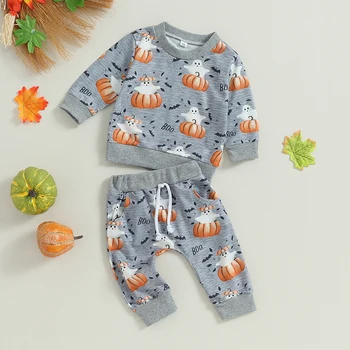 0-3 GADI Toddler Bērnu Zēniem Halloween Tērpi Ķirbju Drukāt garām Piedurknēm Krekls un Elastīgās Bikses 2 Gabals Tracksuit Apģērbu Komplekti