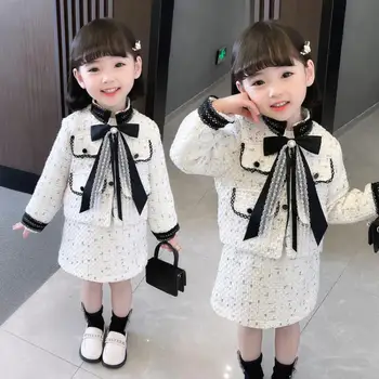 Meiteņu Komplekti Bērnu Apģērbu Rudens Ziemas Jauno Pleds korejiešu Studentu Uzvalks Adīta Jaka Džemperis+ Īsi Svārki 2gab Bērniem Tērpiem
