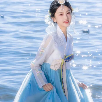 Hanbok Sieviešu 2023 Vasaras Jauna Zilā Marli Tradicionālo Hanbok Kleita Tiesa Korejas Kāzu Kleitu Kimono, Āzijas Un Klusā Okeāna Salām Apģērbi