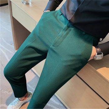 6 Krāsu Rudens Vafeļu Tīrtoņa Krāsu Slim Uzņēmuma Birojā Bikses Vīriešu Elastīgs Viduklis Dizaina Gadījuma Bikses Kāzu Kleitu Bikses