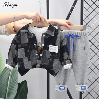 Lenoyn 2023 Bērnu Apģērbu Komplekts Bērnu Zēniem'Denim Mētelis Iespiests Apakšā Džemperi, Bikses, Pavasara Rudens Bērnu Apģērbu Komplekti