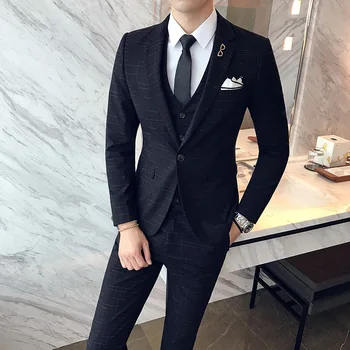 Korejiešu Stilā, ar Izsmalcinātu Vienu Pogu Biznesa Uzvalks Mens Slim-fit Biznesa Oficiālu Sociālo Oficiālu 3-gab Uzvalks Vīriešu Ikdienas Kleita Komplekts
