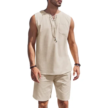 Vīriešu Veļa, Komplekti Tērpiem 2 Gabals Beach Aukliņu Topi Bez Piedurknēm Krekls Atbilstīgiem Šorti Uzstādīt Hipiju Kāzas