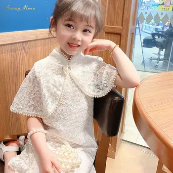 Modes Baby Girl zīdaiņu zīdainis, bērns Īsām Piedurknēm Izšūtu Pērļu Mežģīņu Kleita Ķīniešu style1-12Y