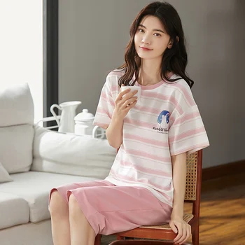2023 Vasaras, Kokvilnas, ar Īsām Piedurknēm Teļš Garums Bikses Pidžamas Komplekti Sievietēm korejas Gadījuma Svītrainām Sleepwear Pidžamas Homewear Drēbes