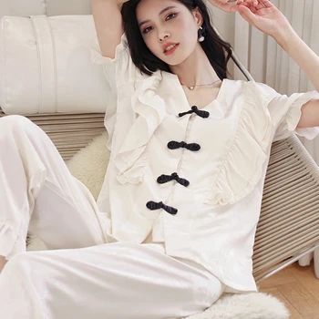 Neregulāra Mežģīņu Sleepwear Uzstādīt Jaunu Īsām Piedurknēm Mājas Apstākļos, Vecākais Sajūtu Outwear Apģērbu Pantsuit Satīna Pidžamas Sieviešu Vasaras