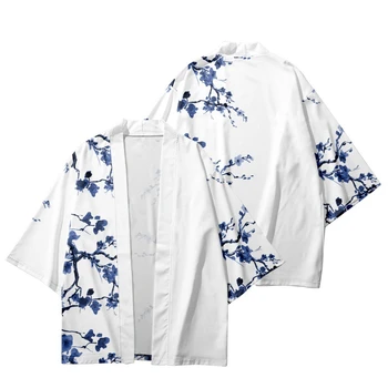 Modes Gadījuma Kimono Yukata Vīriešu Tradicionālo Top Pludmale Sieviešu Kimono Zilā Ziedu Iespiesti Krekls Haori