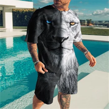 2023 Vasaras 3D Liels Slēptās Drukas Vīriešu Lielgabarīta T-krekls ar Īsām Piedurknēm, Sporta Tērps Lauva Drukāt Modes Tendence Vīriešu Uzvalku Apģērbi
