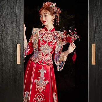 Austrumu Līgava Apģērbs Vintage Qipao Ķīniešu Stilā Vizuļi Frēzēšana Pušķi, Kāzu Kleitu Cheongsam Laulības Uzvalks
