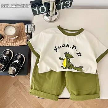 2023 Vasaras Cute Baby Zēni Dinozauru Drukāt Topt-krekli + tīrtoņa Krāsas Bikses Set - Mīksts 100% Kokvilnas Apģērbs Bērniem, Bērnu
