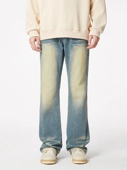 YIHANKE Amerikāņu Retro High Street Džinsi Ins Slīpēšanas Balts Dizains Gadījuma Bikses Vīriešu Džinsi Streetwear Vīriešiem