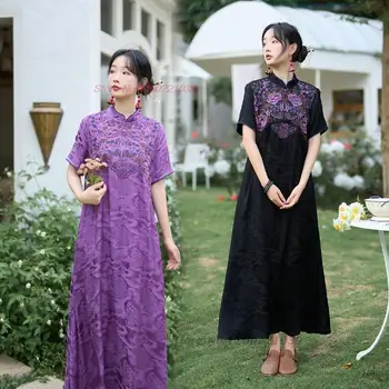 2023 tradicionālā ķīniešu uzlabota qipao kleita valsts ziedu izšuvumi kleita retro satīna žakarda kleita austrumu tautas kleita