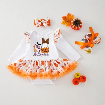 Jaundzimušais Meitene Apģērbs Uzstādīt Kokvilnas Mežģīņu Malu Ar Garām Piedurknēm Bodysuits Ponchy Svārki Un Tauriņu Hairband & Apavi Halloween Drēbes