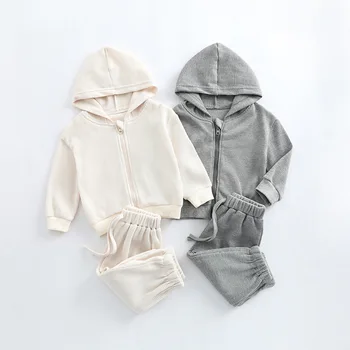 FINEPAT Jauna Rudens Bērnu Apģērbu Komplekts Zīdaiņu Vafeļu Kapuci Hoodies +Bikses Uzvalks Toddler Outwear 2GAB