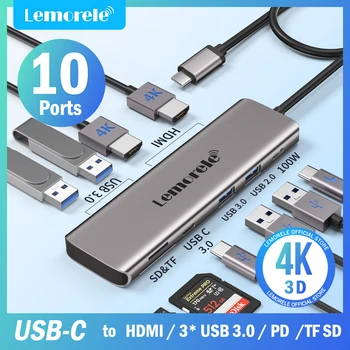 Lemorele 10 Porti USB C RUMBAS C Tipa Adapteris Hub USB Dock Stacija 4K HDMI 30Hz PD100W Ātrās Uzlādes SD/TF Karšu Lasītājs