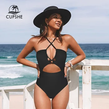 CUPSHE Izgriezt viengabala Peldkostīms Sievietēm Cietā Melnā Sexy Aukliņu Backless Monokini Peldkostīmi 2023 peldkostīms Beachwear